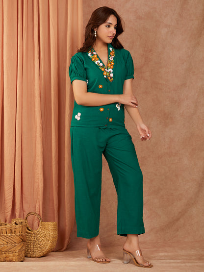 Bottle Green Cotton Slub Hand Embroidery Co-ord Set