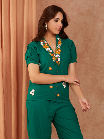 Bottle Green Cotton Slub Hand Embroidery Co-ord Set