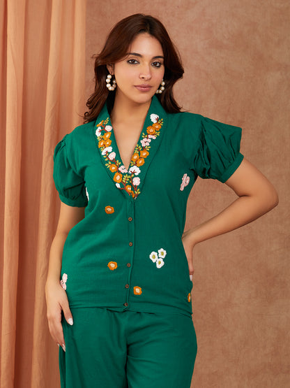 Bottle Green Cotton Slub Hand Embroidery Co-ord Set