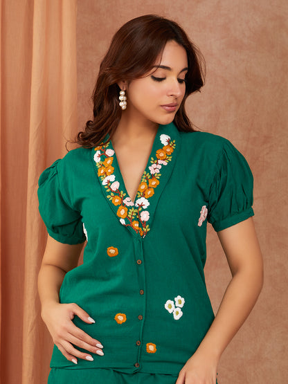 Bottle Green Cotton Slub Hand Embroidery Co-ord Set