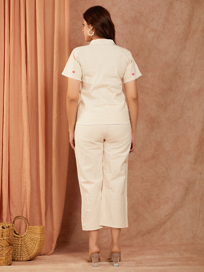 Off White Cotton Hand Embroidery Co-ord Set