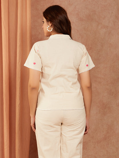 Off White Cotton Hand Embroidery Co-ord Set