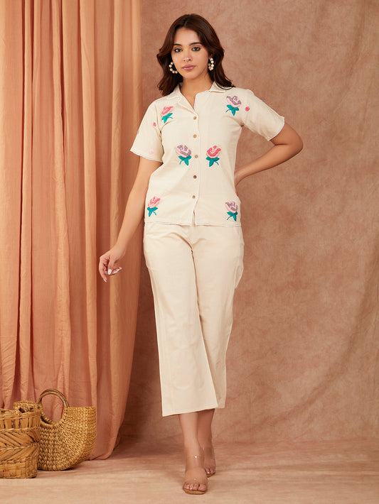 Off White Cotton Hand Embroidery Co-ord Set