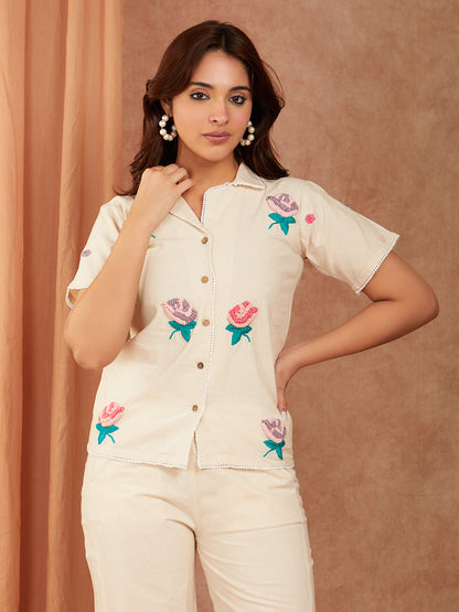 Off White Cotton Hand Embroidery Co-ord Set