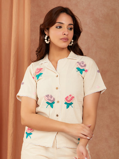 Off White Cotton Hand Embroidery Co-ord Set