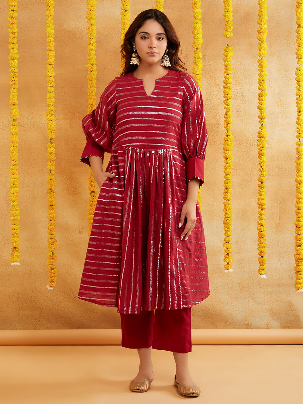 Maroon Lurex Kurta Pant Set