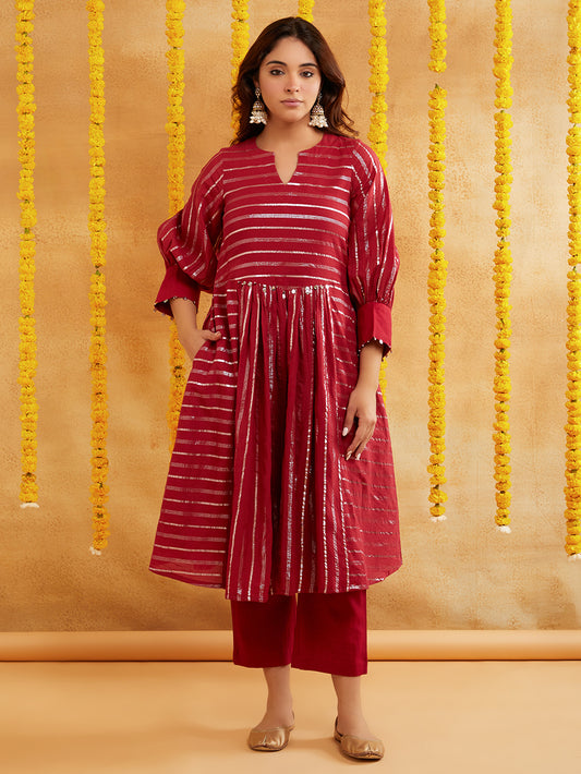 Maroon Lurex Kurta Pant Set