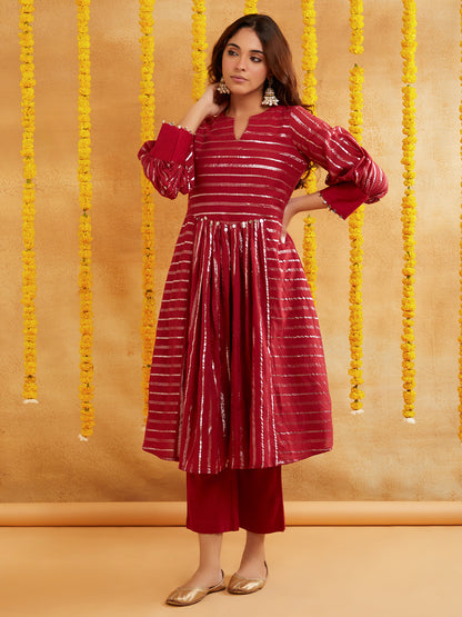 Maroon Lurex Kurta Pant Set