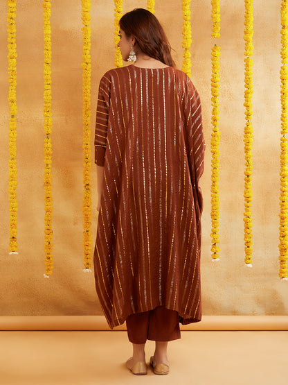 Brown Lurex Kaftan And Pant With Sequence Neckline