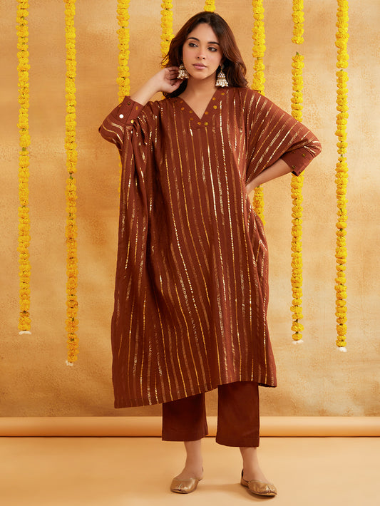 Brown Lurex Kaftan And Pant With Sequence Neckline