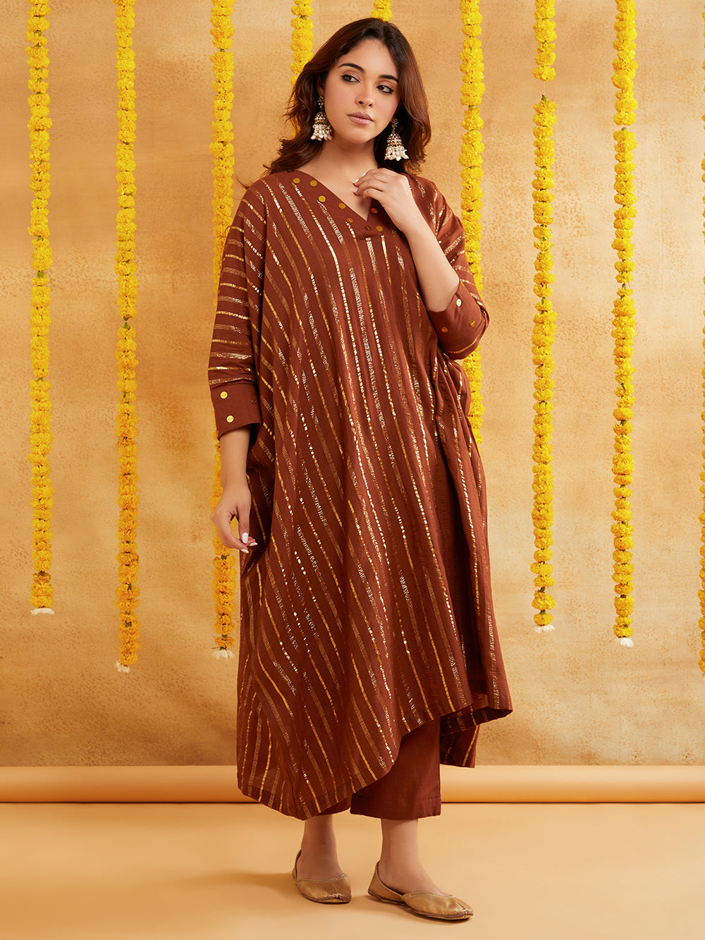 Brown Lurex Kaftan And Pant With Sequence Neckline