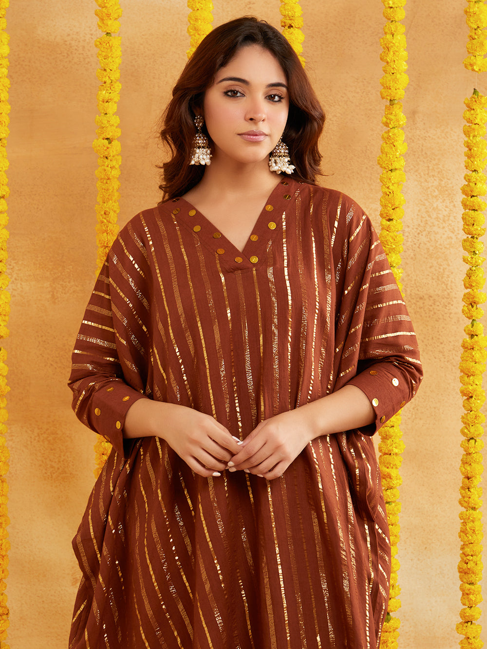 Brown Lurex Kaftan And Pant With Sequence Neckline