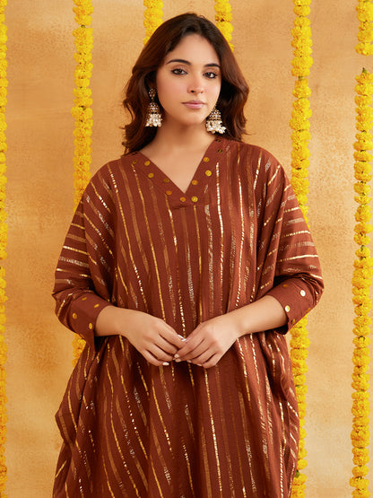 Brown Lurex Kaftan And Pant With Sequence Neckline