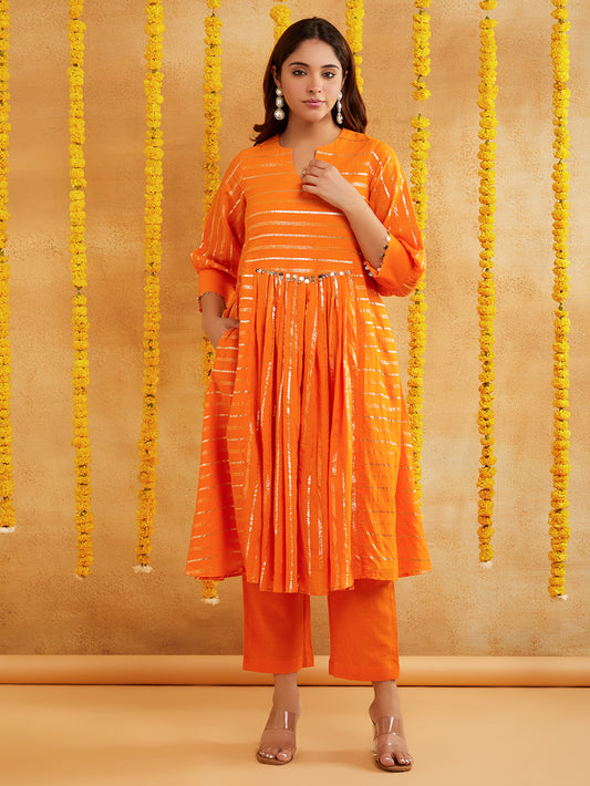 Orange Color Lurex Kurta Set