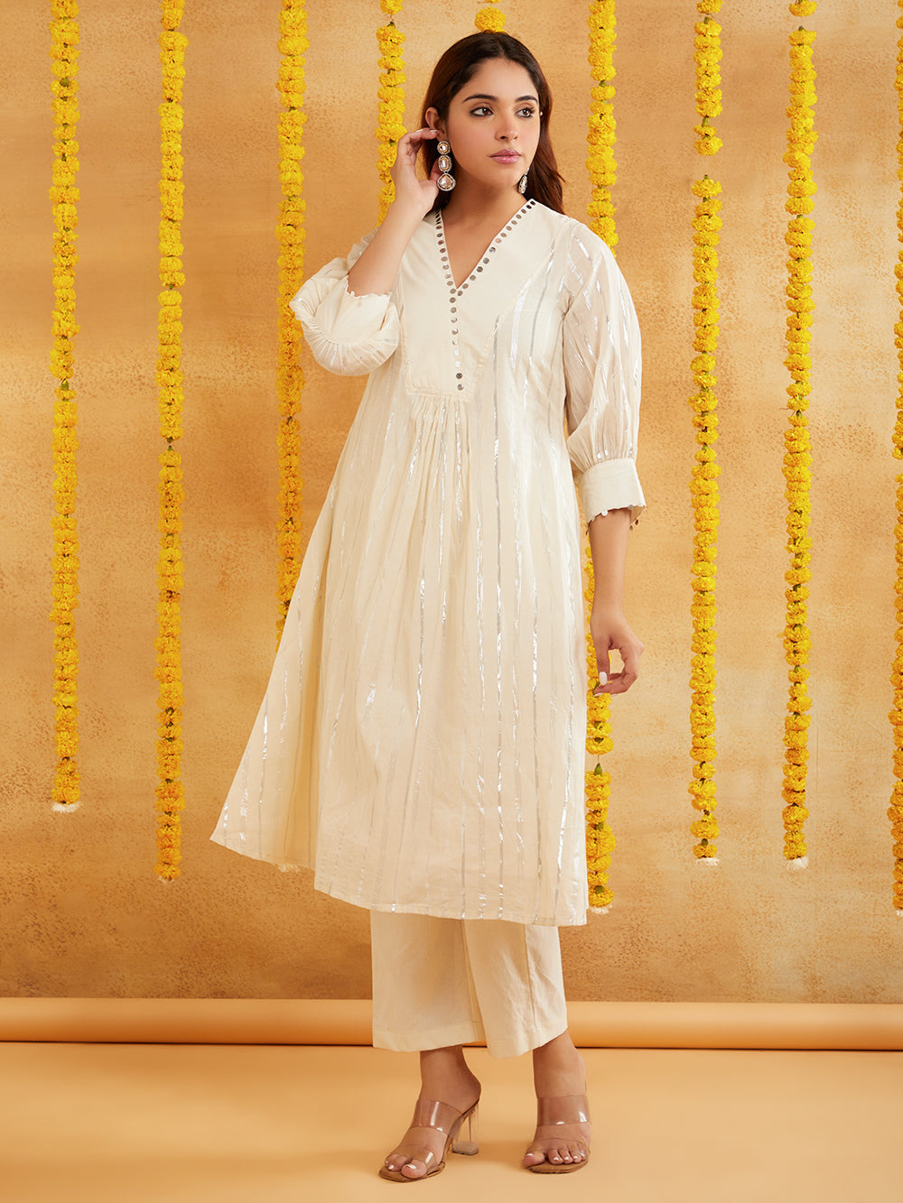 Cream Color Lurex Kurta Set