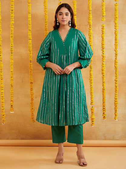 Dark Green Lurex Kurta Pant Set