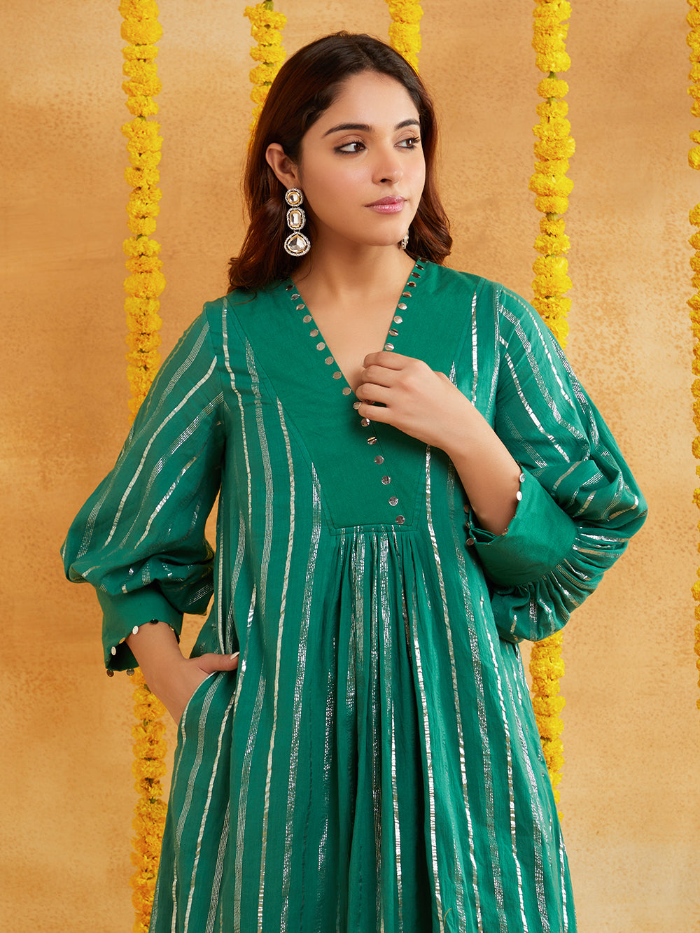 Dark Green Lurex Kurta Pant Set