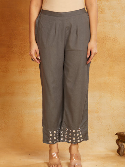 Grey kurta, pant, and dupatta with mirror work