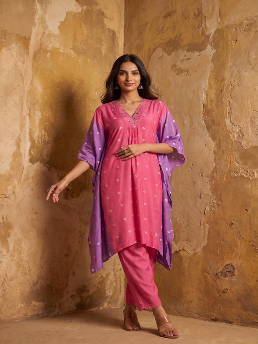 Pink Purple  hand bandhej  Muslin Silk Kaftan set