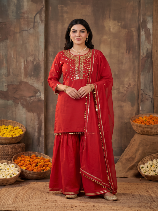Sequence hand work Red sharara set with organza dupatta