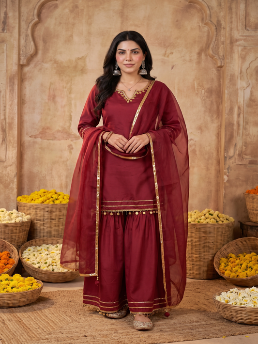 Maroon Lace sharara set with organza dupatta