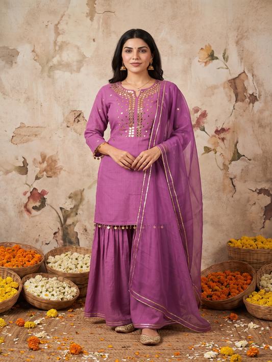 Sequence hand work Purple Lace sharara set with organza dupatta