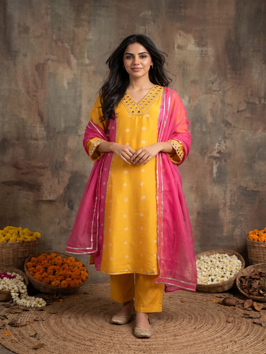 Pink Yellow hand bandhej  Muslin Silk aline kurta with pant and dupatta