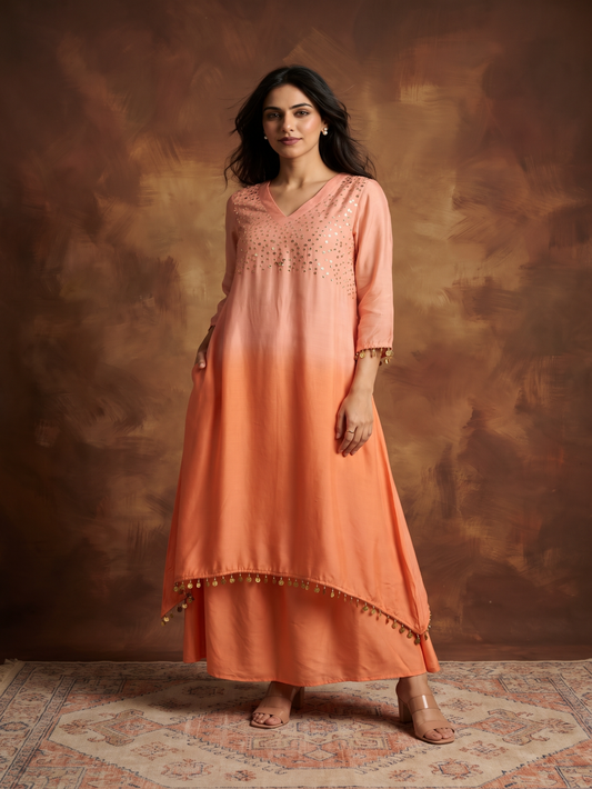 Peach ombre Muslin Silk kurta set