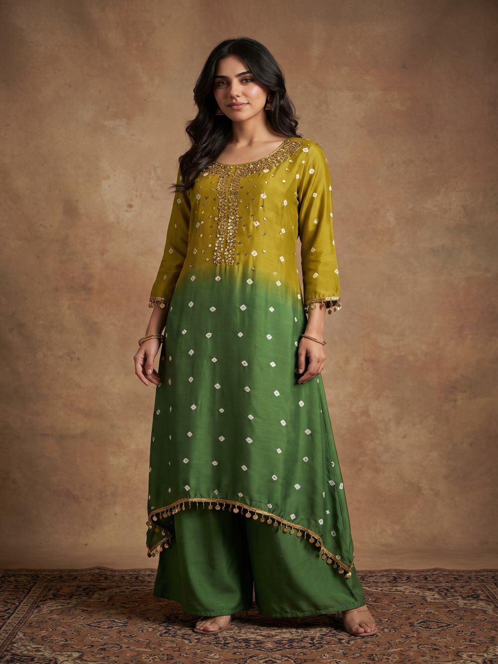 Hand Bandhej Mehendi green ombre Muslin Silk kurta set
