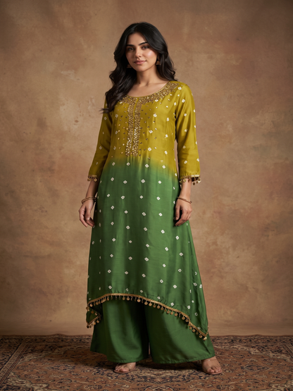 Hand Bandhej Mehendi green ombre Muslin Silk kurta set