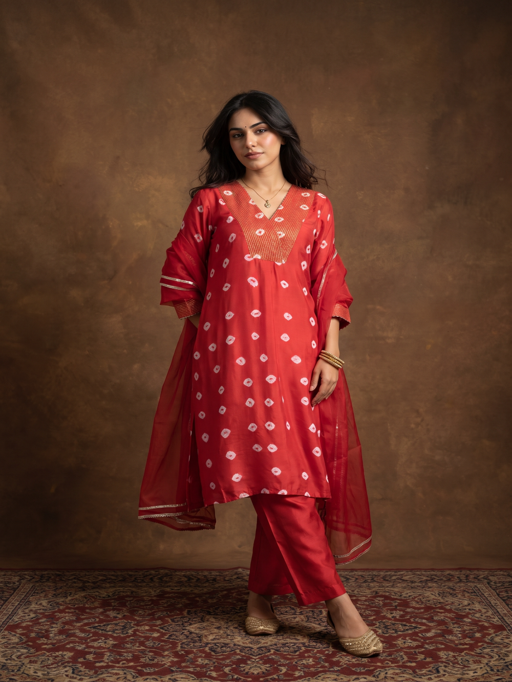 Red hand bandhej  Muslin Silk Kurta set with organza dupatta