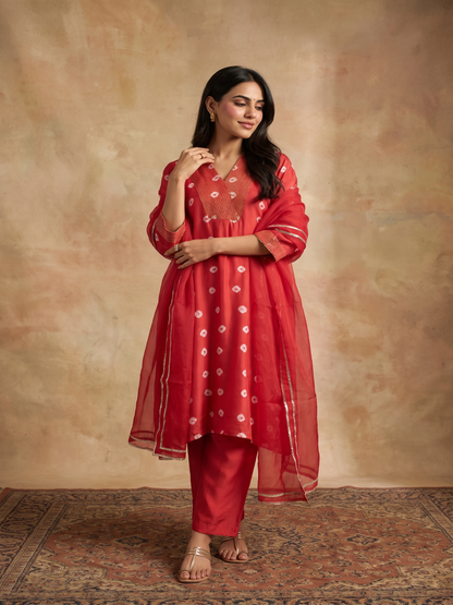 Red hand bandhej  Muslin Silk Kurta set with organza dupatta