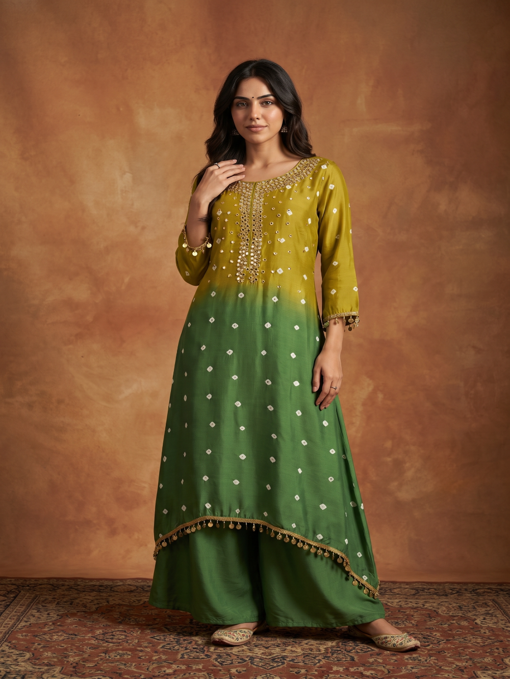 Hand Bandhej Mehendi green ombre Muslin Silk kurta set
