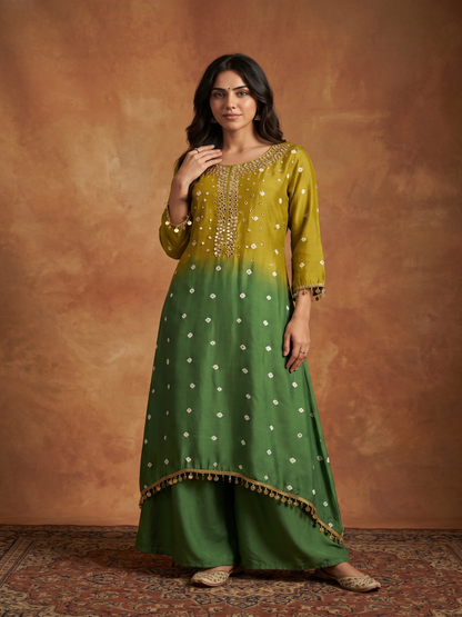 Hand Bandhej Mehendi green ombre Muslin Silk kurta set