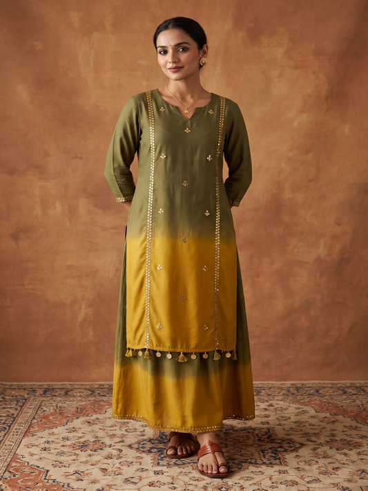 Sequence Hand work Mehendi green ombre Muslin Silk kurta with skirt