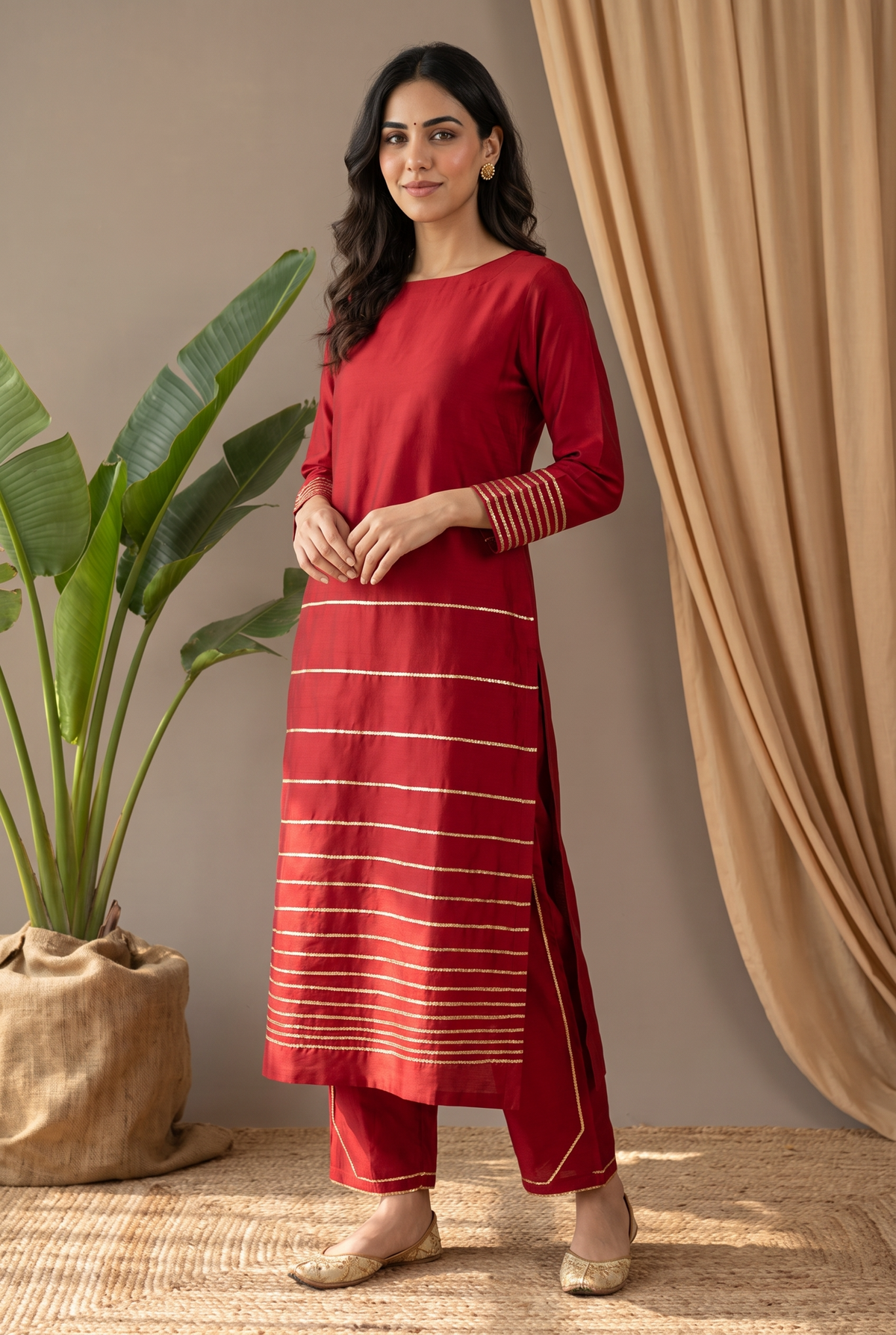 Maroon cotton silk kurta set