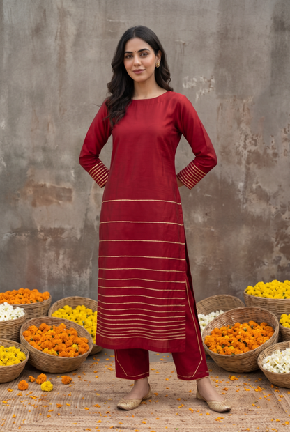 Maroon cotton silk kurta set
