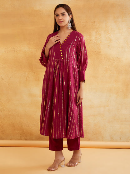 Wine Lurex Kurta And Pant With Sequence Neckline