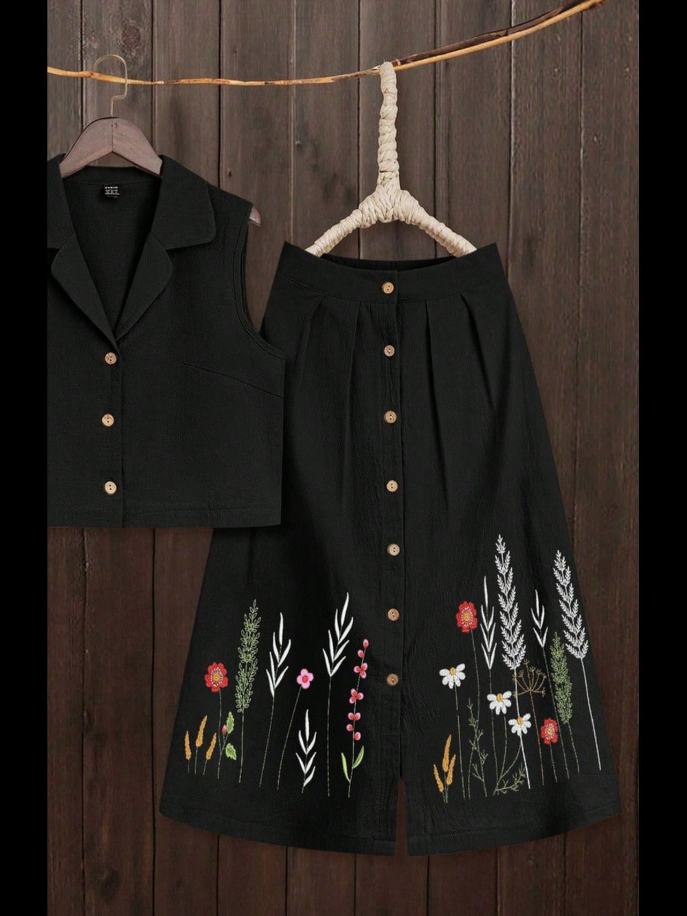 Black embroidery top skirt set