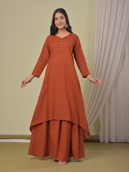 Rust Brown pure cotton double-layer dress. It comes with a long skirt below the ankle and an asymmetric overlay dress on top. It has two pockets