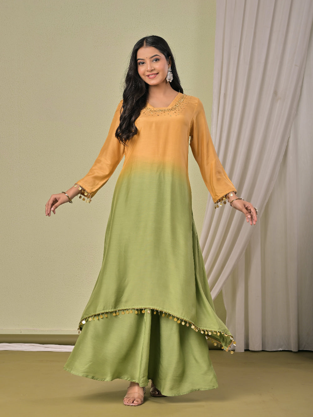 Mustard Green ombre Muslin Silk kurta set