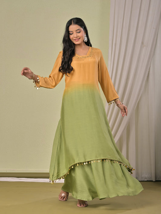 Mustard Green ombre Muslin Silk kurta set