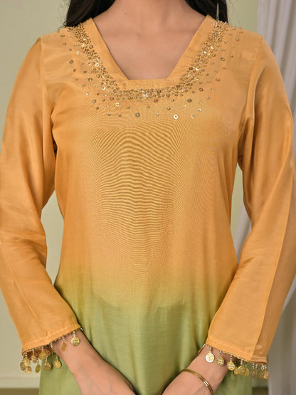 Mustard Green ombre Muslin Silk kurta set