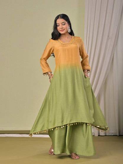 Mustard Green ombre Muslin Silk kurta set