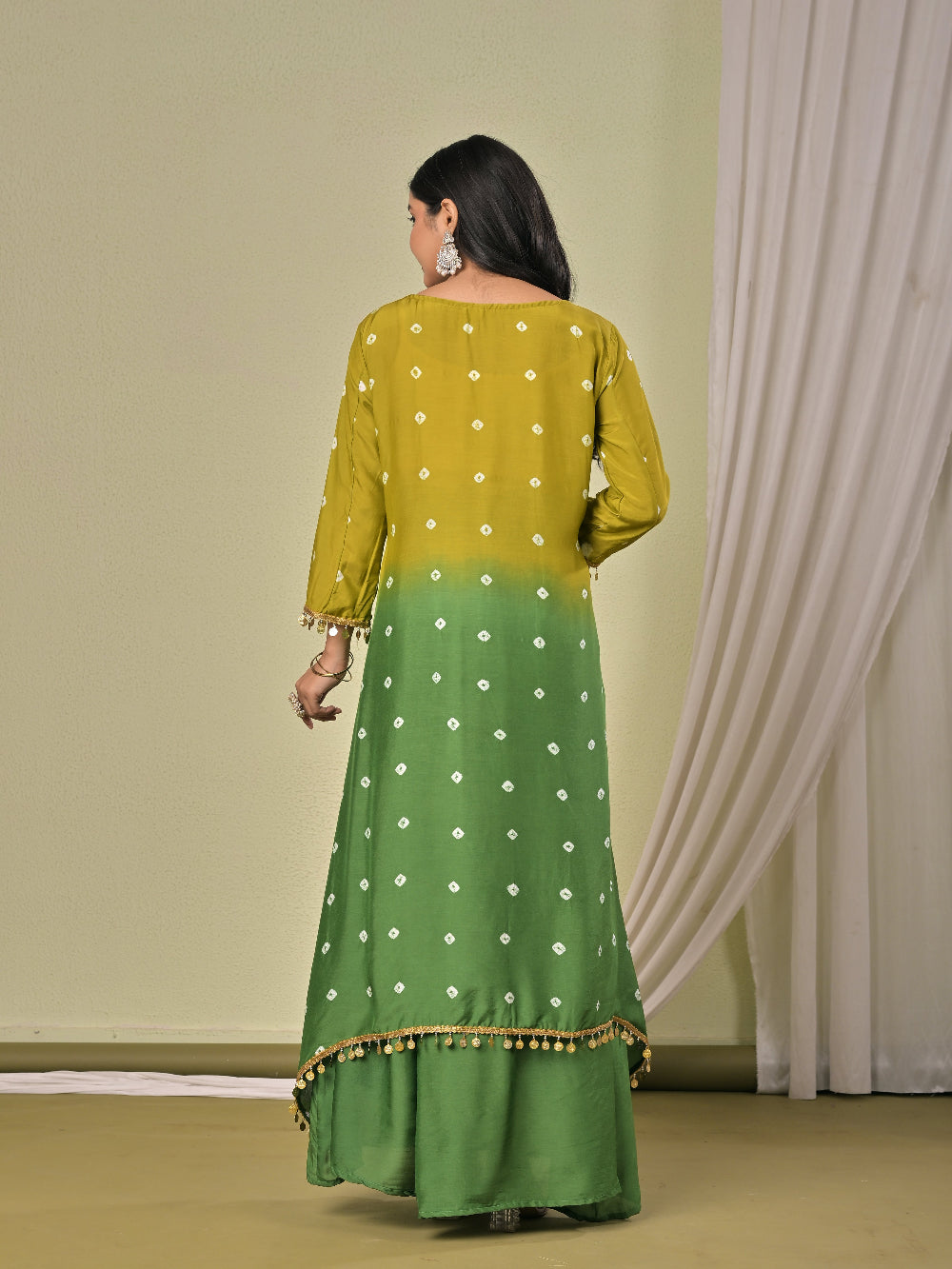 Hand Bandhej Mehendi green ombre Muslin Silk kurta set