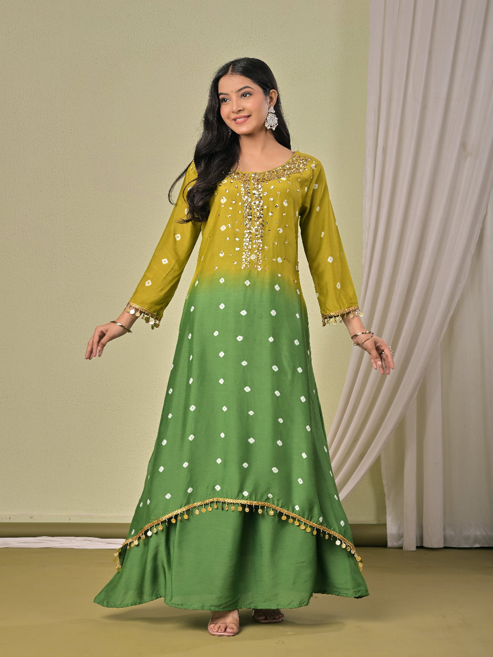 Hand Bandhej Mehendi green ombre Muslin Silk kurta set
