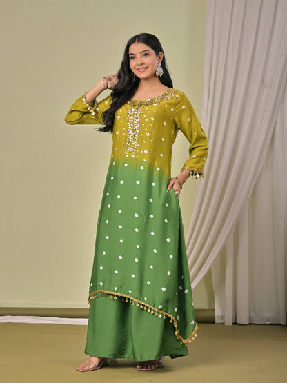 Hand Bandhej Mehendi green ombre Muslin Silk kurta set
