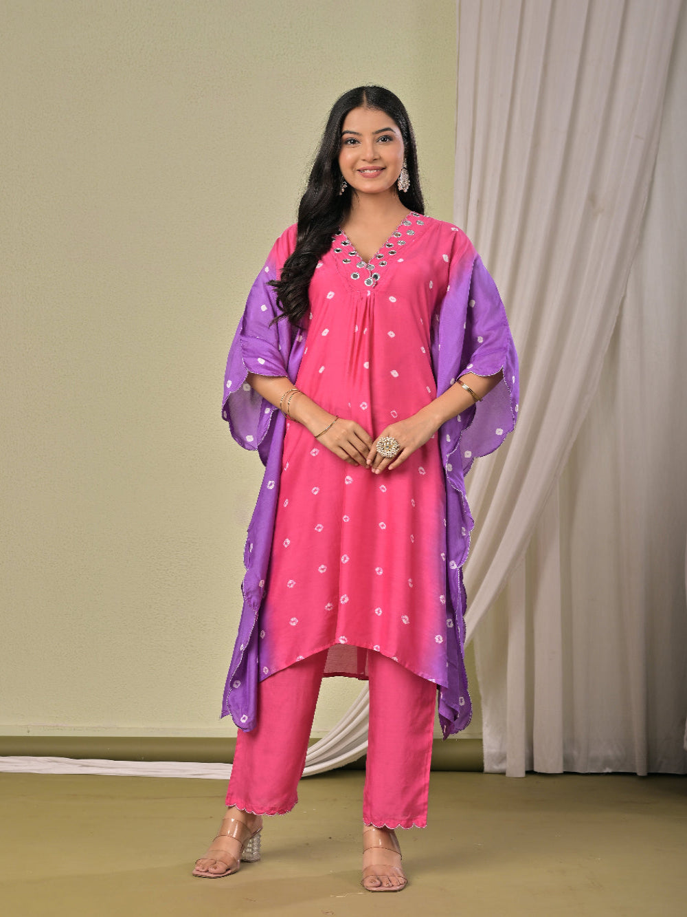 Pink Purple  hand bandhej  Muslin Silk Kaftan set