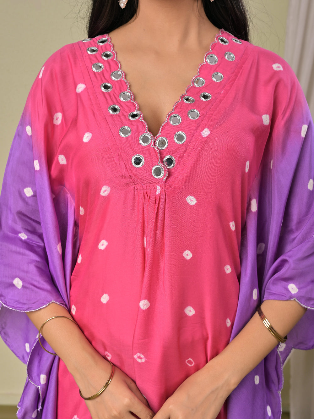 Pink Purple  hand bandhej  Muslin Silk Kaftan set