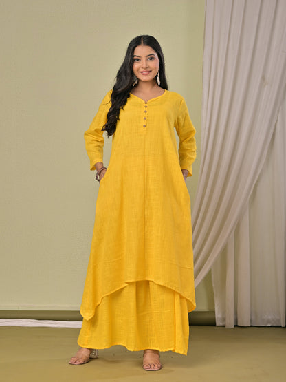 Bright Yellow pure cotton double-layer dress. It comes with a long skirt below the ankle and an asymmetric overlay dress on top. It has two pockets